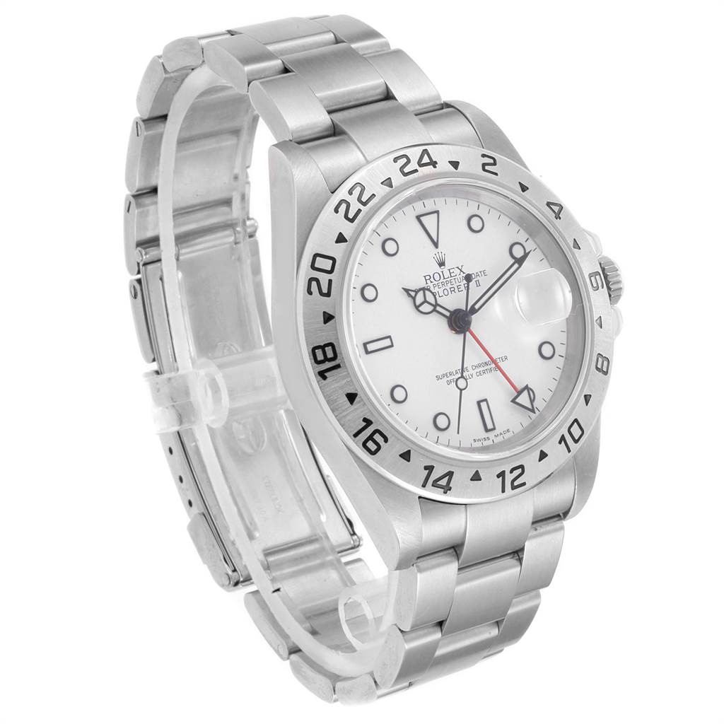 The Rolex Explorer 16570 Men's Stainless Steel White Dial 16570 Men's Stainless Steel White Dial watch is shown at a three-quarter angle, displaying its face, bracelet, and bezel.