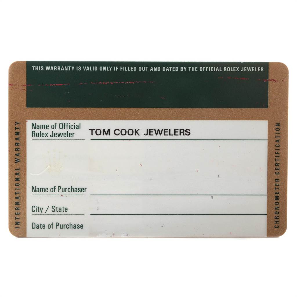 This image shows the warranty card for a Rolex Explorer 16570 Men's Stainless Steel White Dial 16570 Men's Stainless Steel White Dial watch, with sections for jeweler, purchaser, city/state, and purchase date.