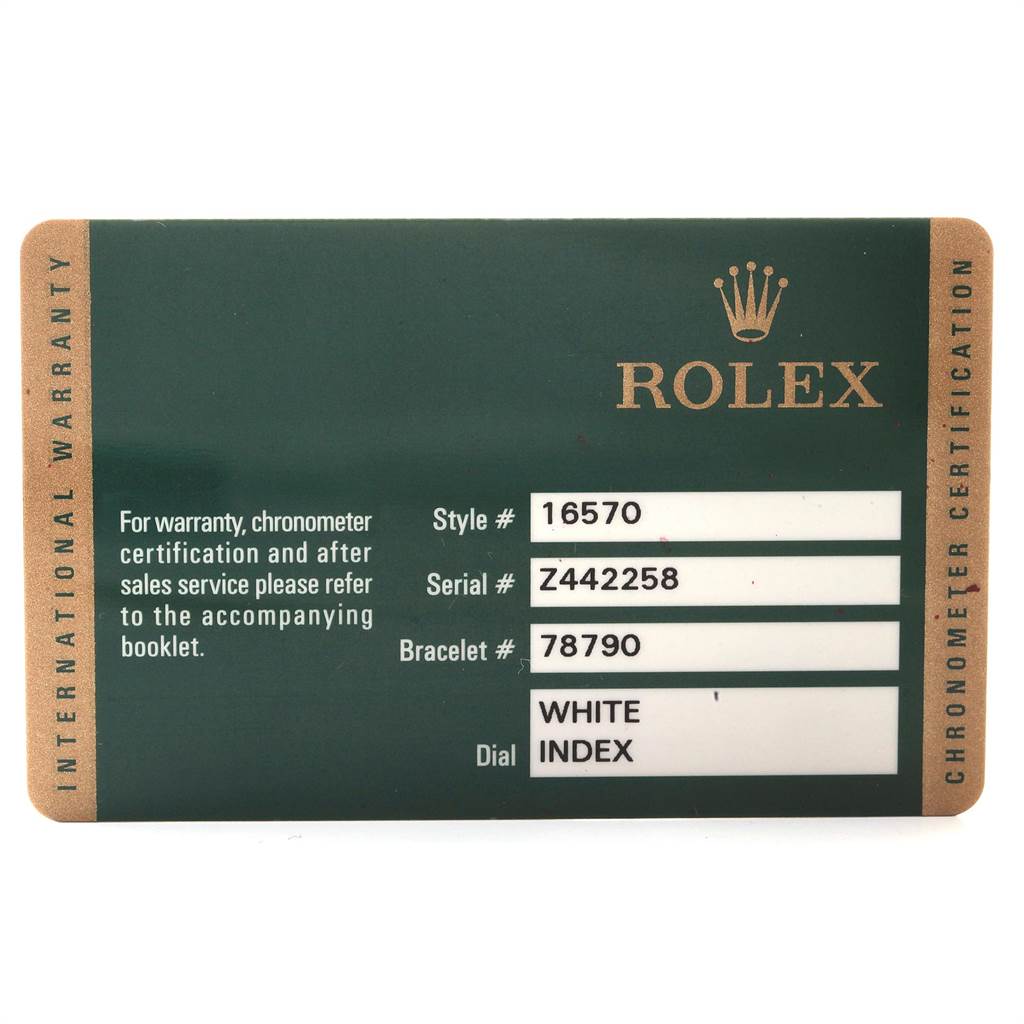 The image features a Rolex International Warranty card for the Explorer model, displaying the style, serial, bracelet numbers, and dial type.