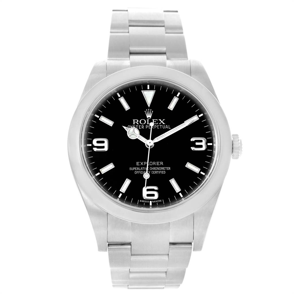 The Rolex Explorer 214270 Men's Stainless Steel Black Dial 214270 Men's Stainless Steel Black Dial watch is shown from a front angle, displaying the dial, hands, case, and bracelet.