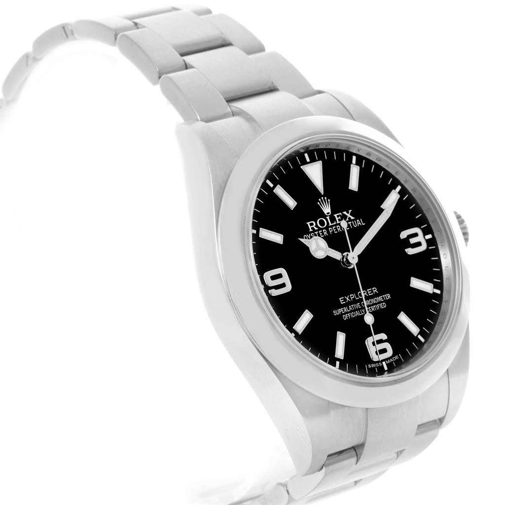 The Rolex Explorer 214270 Men's Stainless Steel Black Dial 214270 Men's Stainless Steel Black Dial watch is shown at a three-quarter angle, highlighting the dial, bezel, and part of the bracelet.