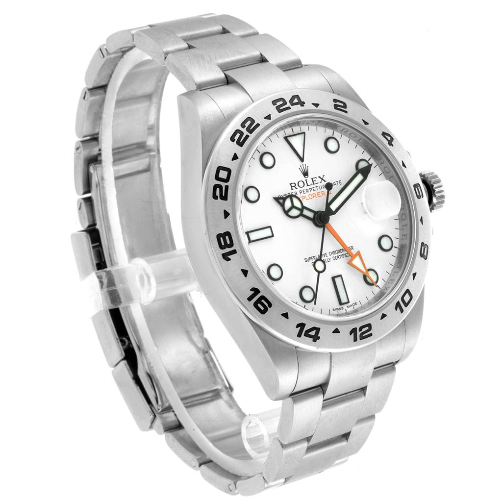 The image shows a partial side view of a Rolex Explorer 216570 Men's Stainless Steel White Dial 216570 Men's Stainless Steel White Dial watch, highlighting the face, bezel, crown, and bracelet.