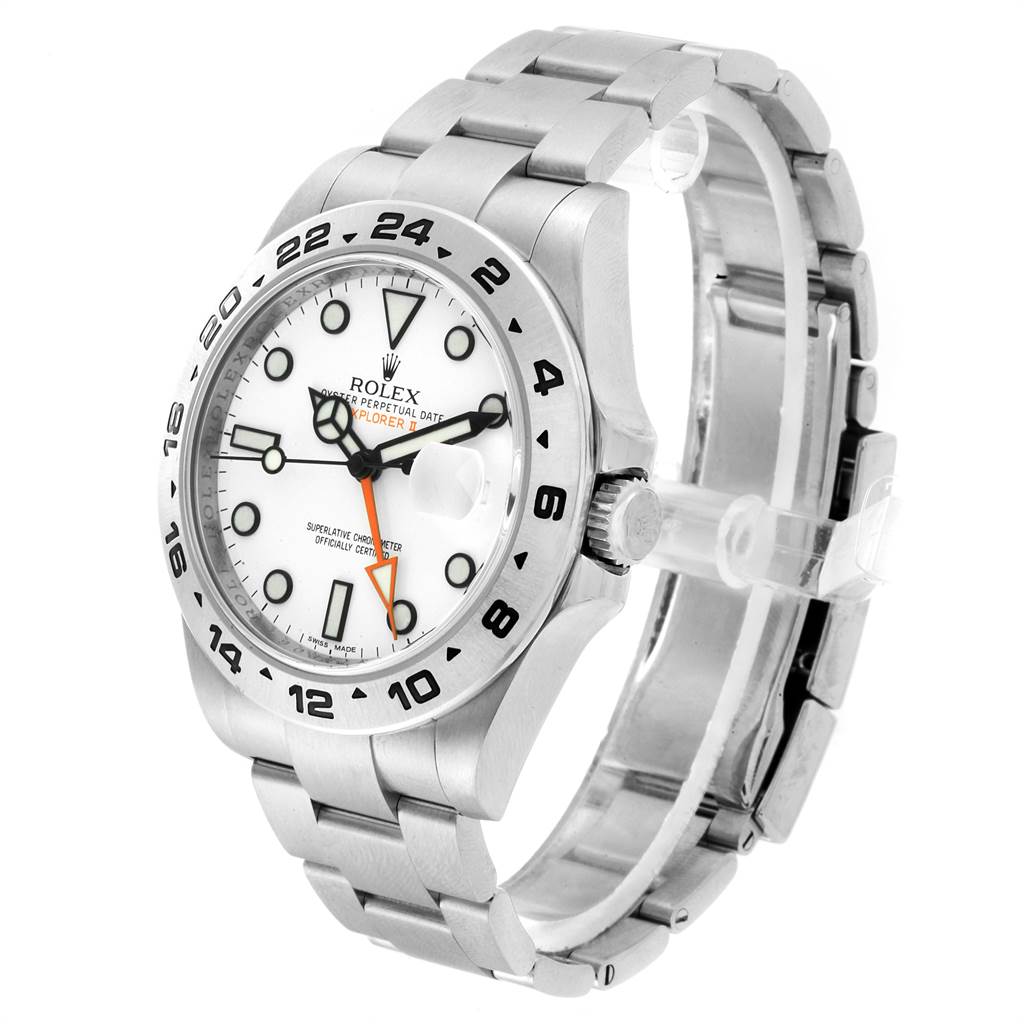 The Rolex Explorer 216570 Men's Stainless Steel White Dial 216570 Men's Stainless Steel White Dial watch is shown at a 3/4 angle, highlighting the face, bezel, crown, and part of its bracelet.
