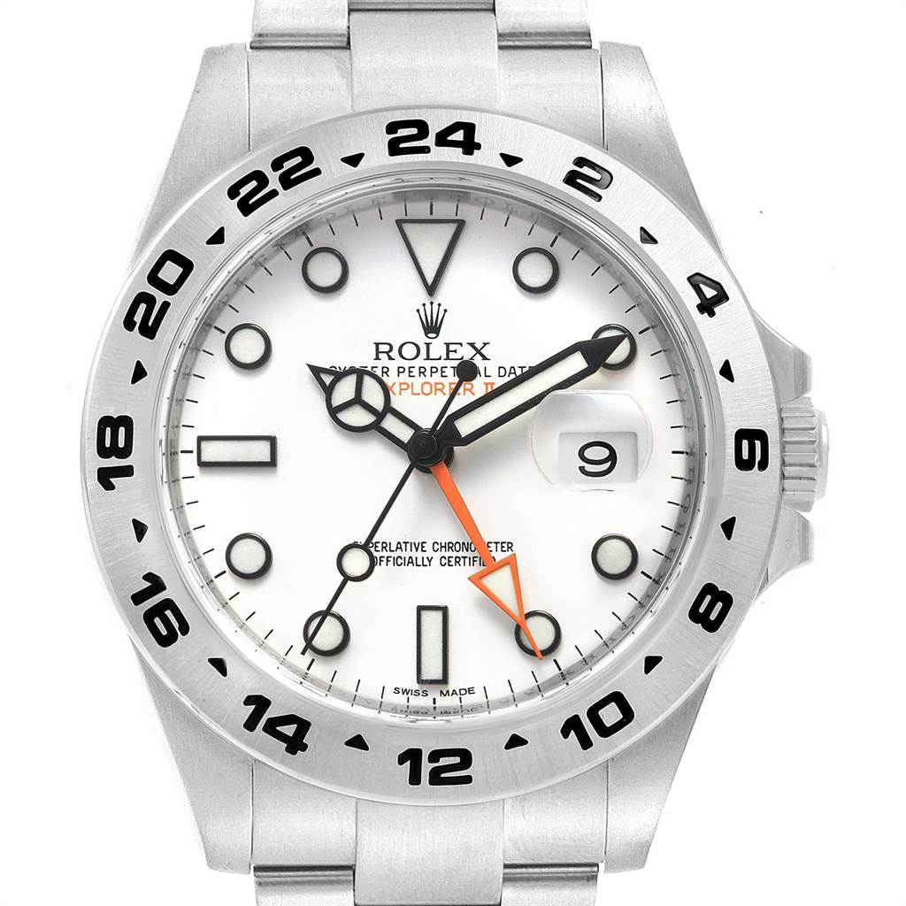 The image shows a front view of the Rolex Explorer 216570 Men's Stainless Steel White Dial 216570 Men's Stainless Steel White Dial watch, highlighting its dial, hands, date window, and bezel.