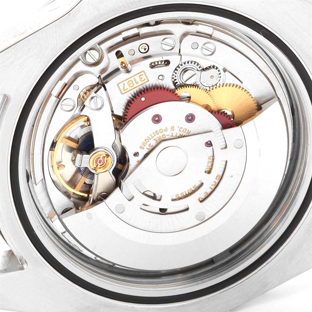 The image shows the internal movement and gears of a Rolex Explorer 216570 Men's Stainless Steel White Dial 216570 Men's Stainless Steel White Dial watch, viewed from the back.