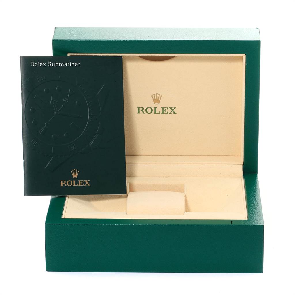 The image shows an empty Rolex Explorer 216570 Men's Stainless Steel White Dial 216570 Men's Stainless Steel White Dial watch box and a Rolex Submariner booklet.