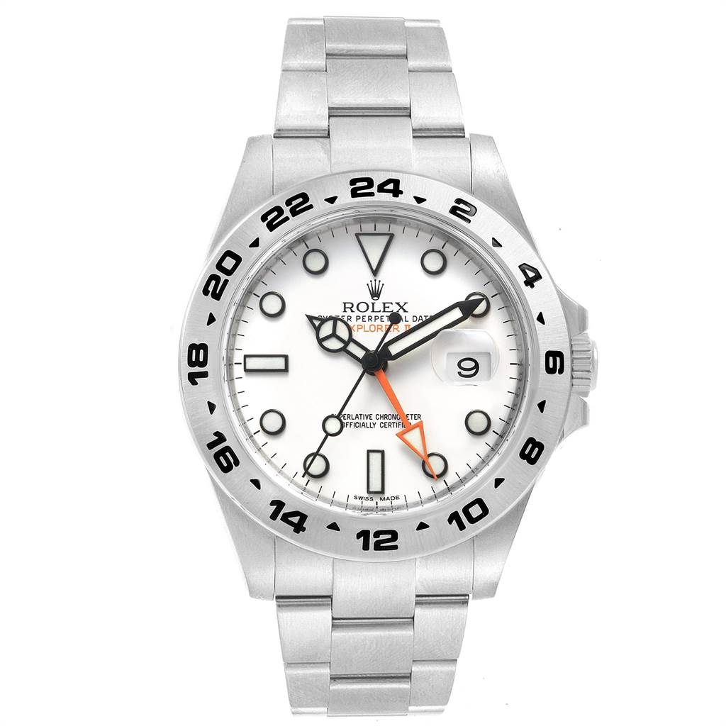 This is a front view of a Rolex Explorer 216570 Men's Stainless Steel White Dial 216570 Men's Stainless Steel White Dial watch displaying the dial, bezel, hands, bracelet, and date window.