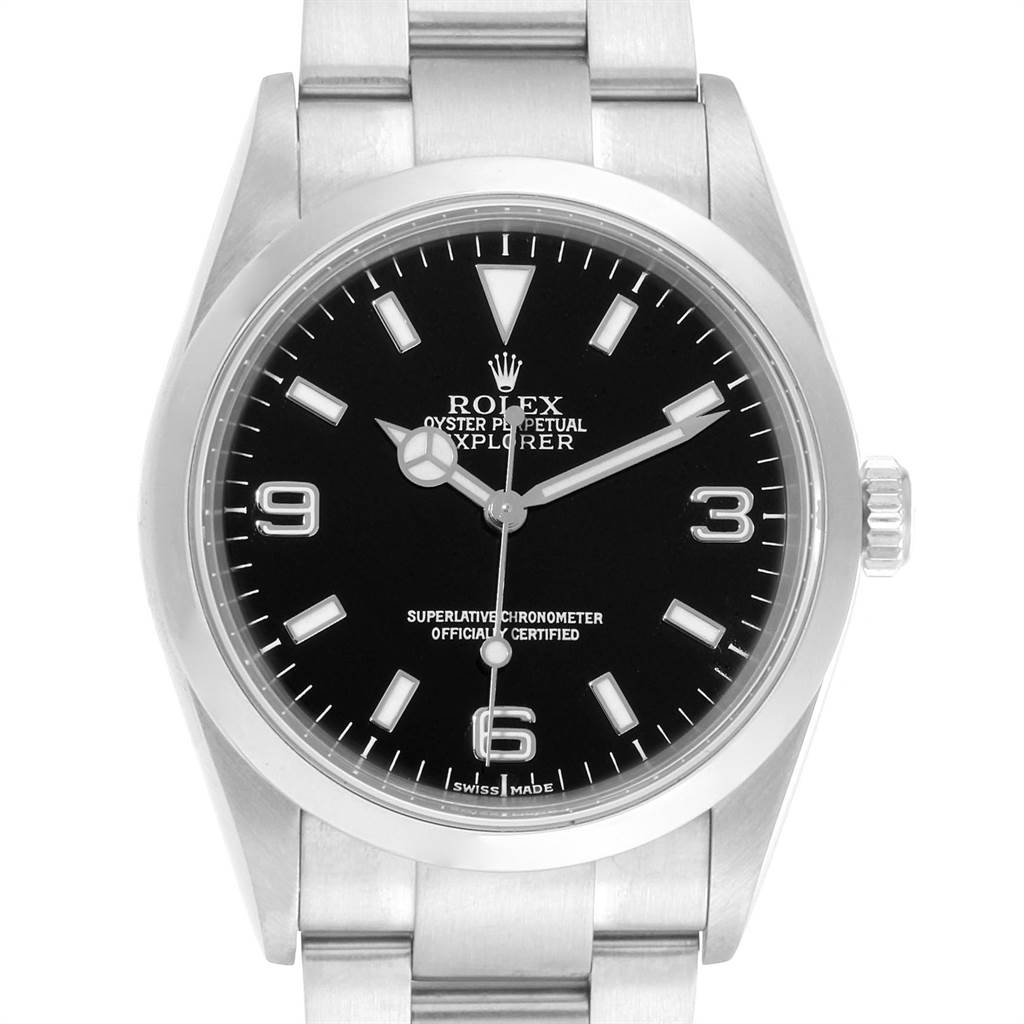This image shows a front view of a Rolex Explorer 114270 Men's Stainless Steel Black Dial 114270 Men's Stainless Steel Black Dial watch, highlighting the dial, hands, bezel, and part of the bracelet.