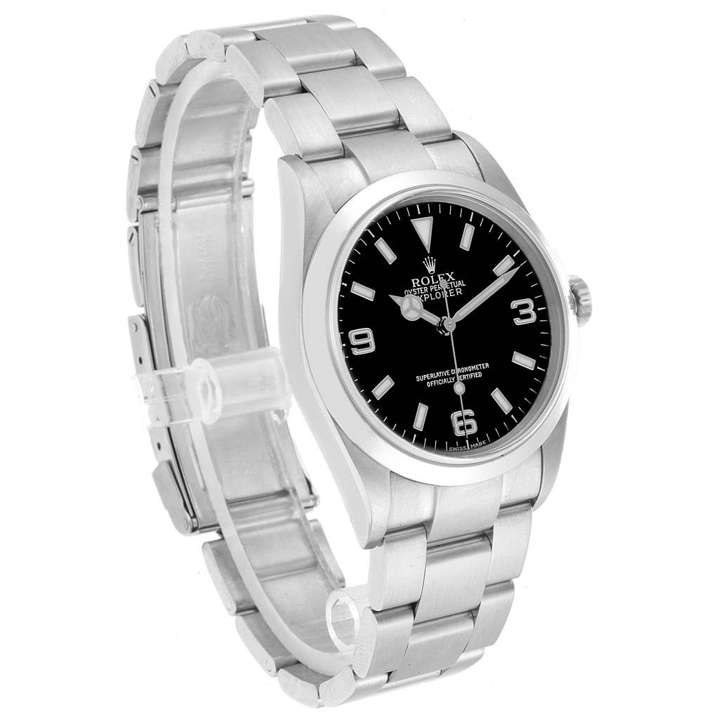 The Rolex Explorer 114270 Men's Stainless Steel Black Dial 114270 Men's Stainless Steel Black Dial model watch is shown at a three-quarter angle, highlighting the black dial, stainless steel case, and bracelet.