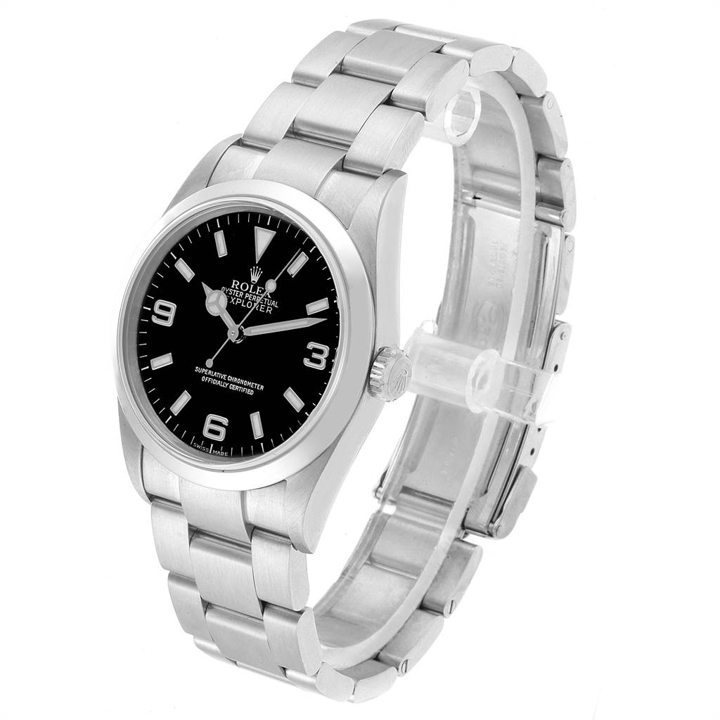 The Rolex Explorer 114270 Men's Stainless Steel Black Dial 114270 Men's Stainless Steel Black Dial watch is shown at an angled front view, highlighting the dial, bezel, and bracelet.