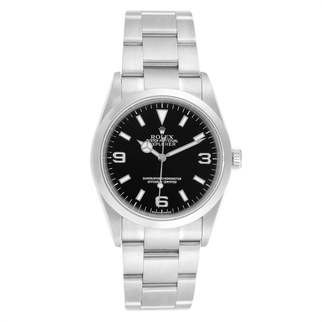 This image features a front view of a Rolex Explorer 114270 Men's Stainless Steel Black Dial 114270 Men's Stainless Steel Black Dial watch, showcasing the black dial, stainless steel case, and bracelet.