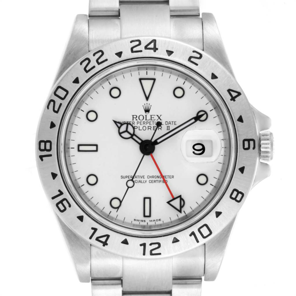 This image shows a front view of the Rolex Explorer 16570 Men's Stainless Steel White Dial 16570 Men's Stainless Steel White Dial watch, highlighting its white dial, date feature, and silver bezel with a 24-hour scale.