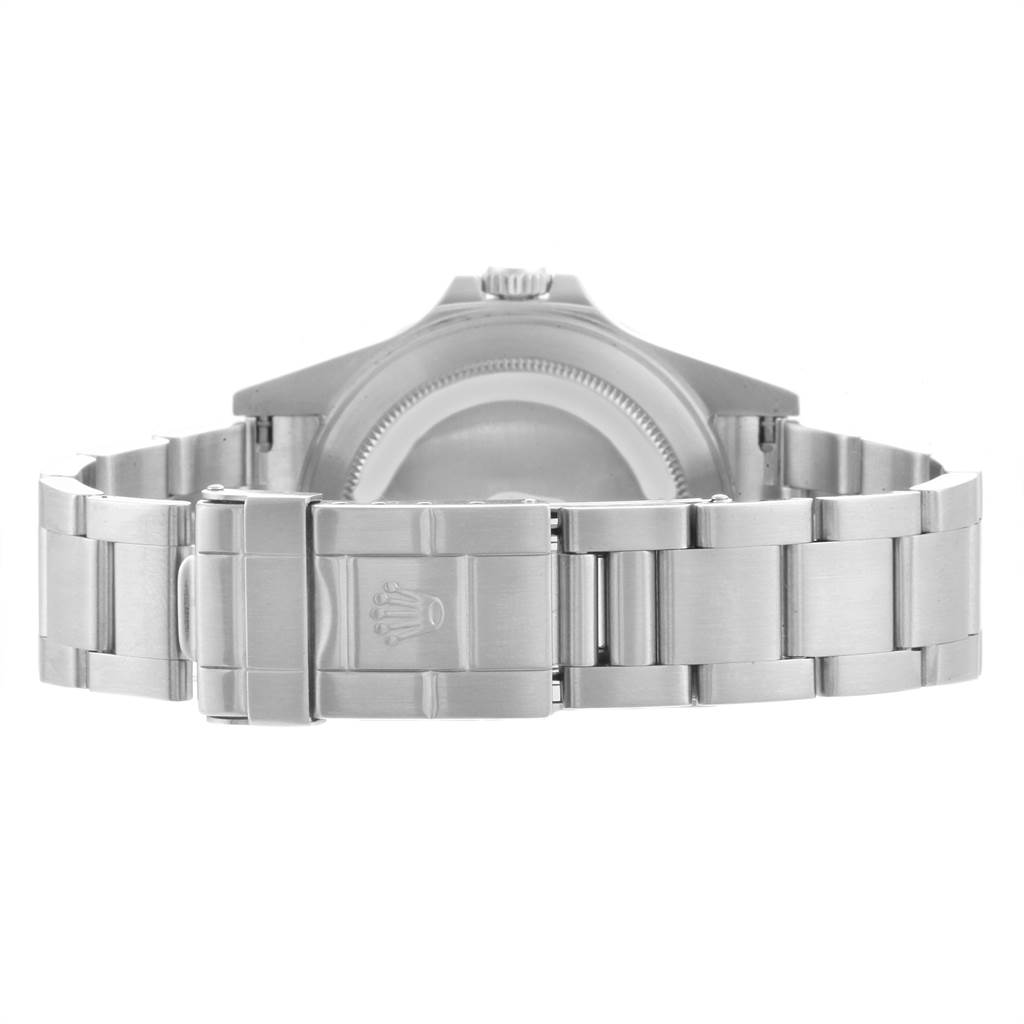 This image shows the back view of the Rolex Explorer 16570 Men's Stainless Steel White Dial 16570 Men's Stainless Steel White Dial watch, focusing on the metal bracelet and clasp.