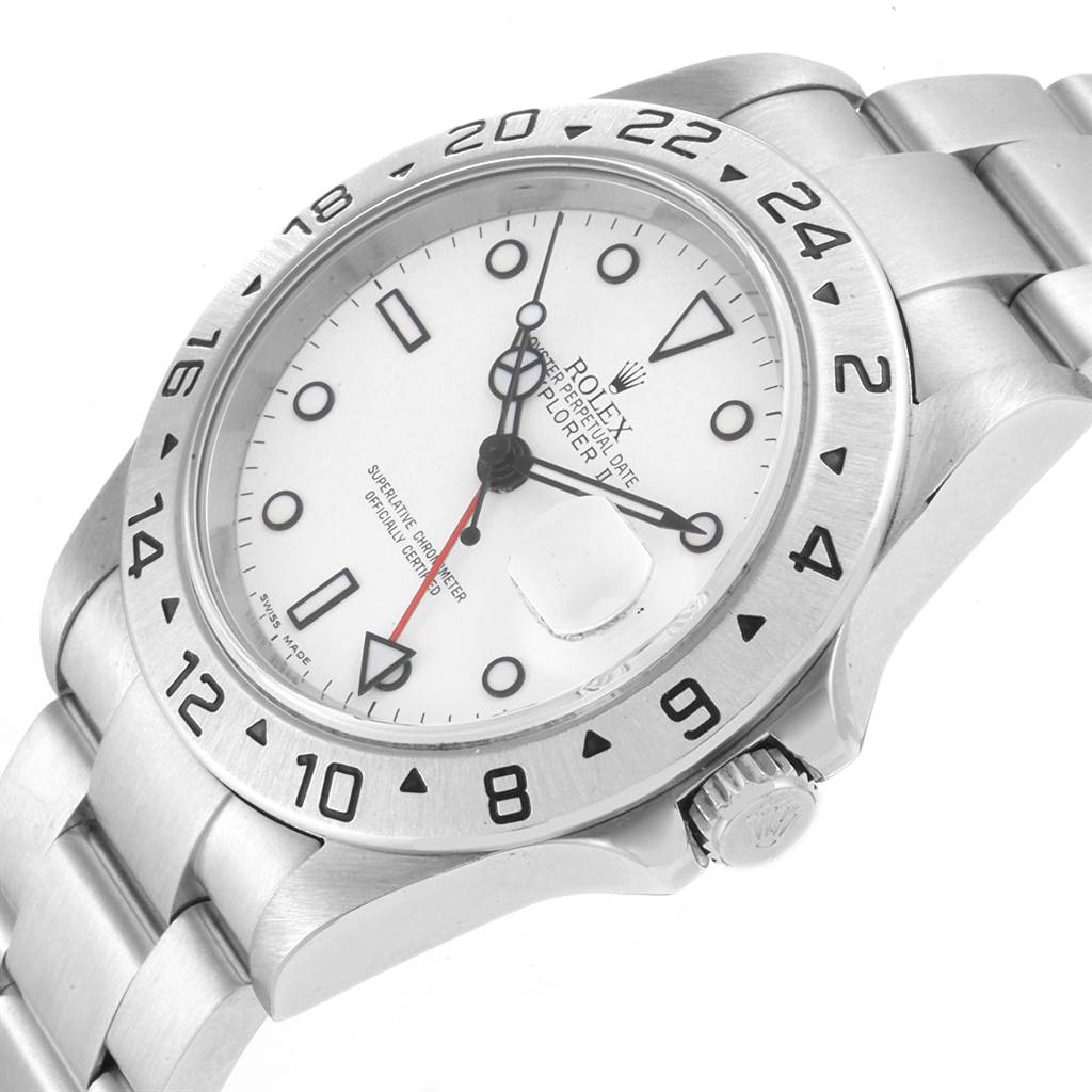 The image shows a close-up angle of the Rolex Explorer 16570 Men's Stainless Steel White Dial 16570 Men's Stainless Steel White Dial watch, highlighting the dial, bezel, crown, and part of the bracelet.