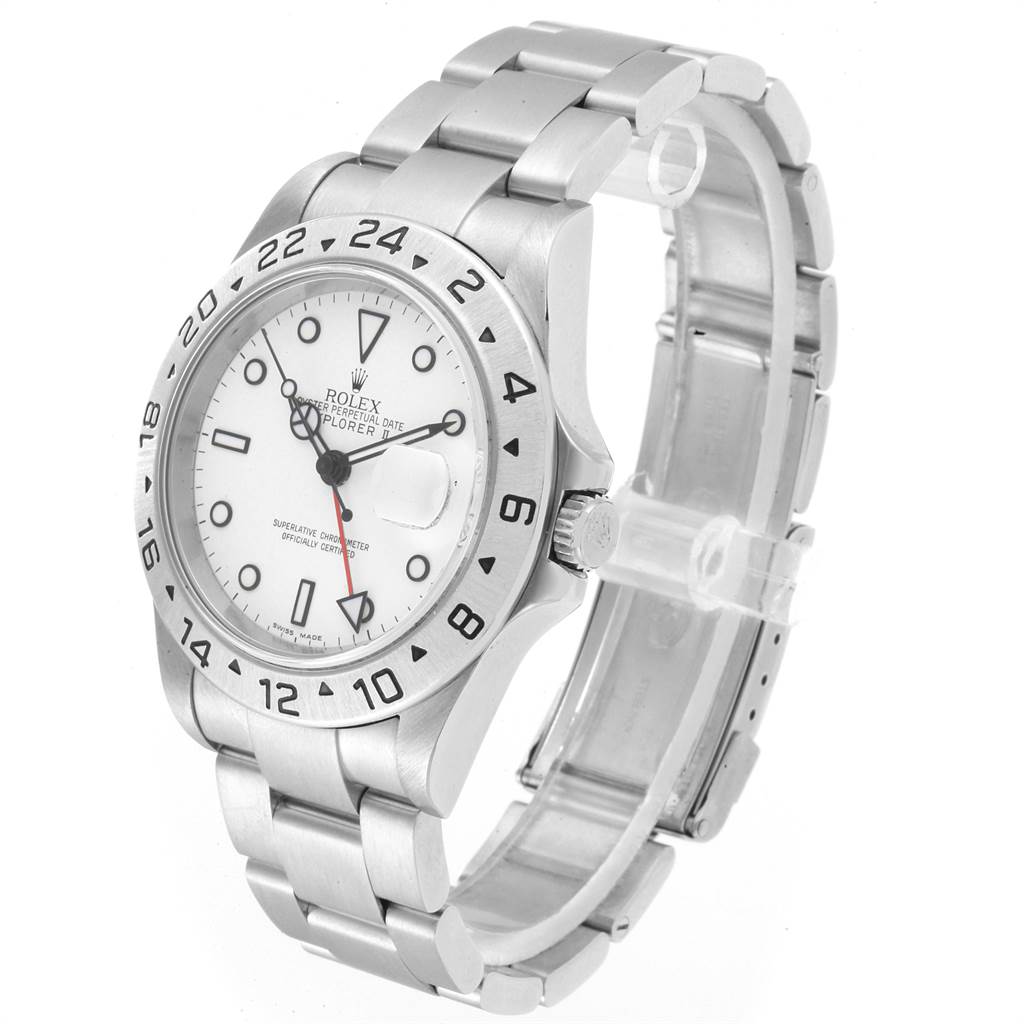 The image shows a side-angle view of a Rolex Explorer 16570 Men's Stainless Steel White Dial 16570 Men's Stainless Steel White Dial watch, highlighting its bezel, dial, hands, and metal bracelet.