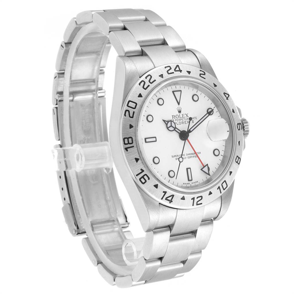 The image shows a side angle of the Rolex Explorer 16570 Men's Stainless Steel White Dial 16570 Men's Stainless Steel White Dial watch, highlighting its white dial, metal bracelet, and bezel.