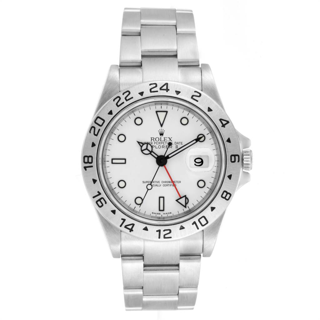 This Rolex Explorer 16570 Men's Stainless Steel White Dial 16570 Men's Stainless Steel White Dial watch is shown from a frontal angle, displaying its face, bezel, and bracelet.
