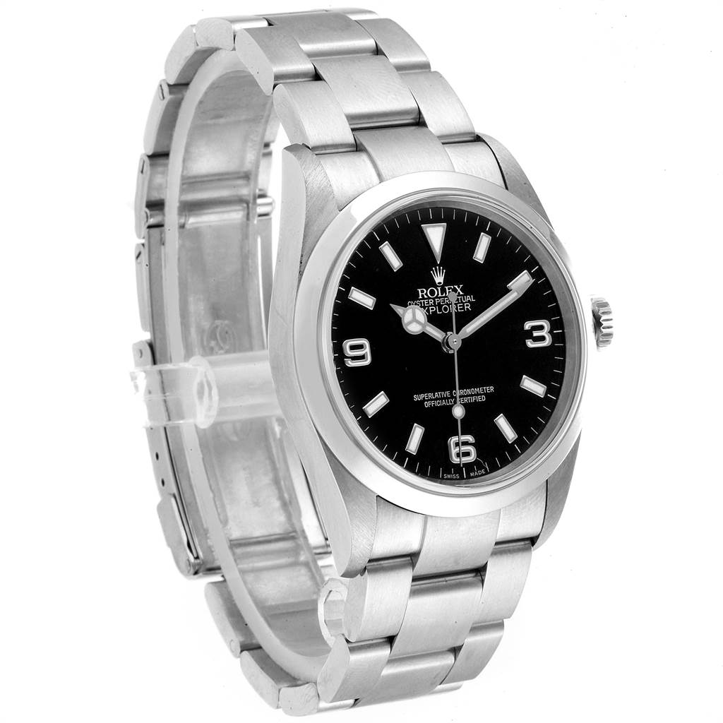 The Rolex Explorer 114270 Men's Stainless Steel Black Dial 114270 Men's Stainless Steel Black Dial watch is shown at a three-quarter angle, highlighting its black dial, stainless steel case, and bracelet.