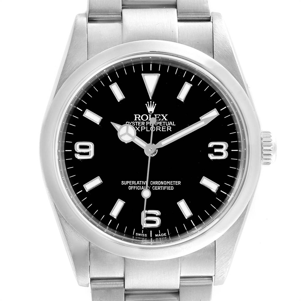 The image shows a front view of a Rolex Explorer 114270 Men's Stainless Steel Black Dial 114270 Men's Stainless Steel Black Dial watch, highlighting its face, bezel, crown, and bracelet.