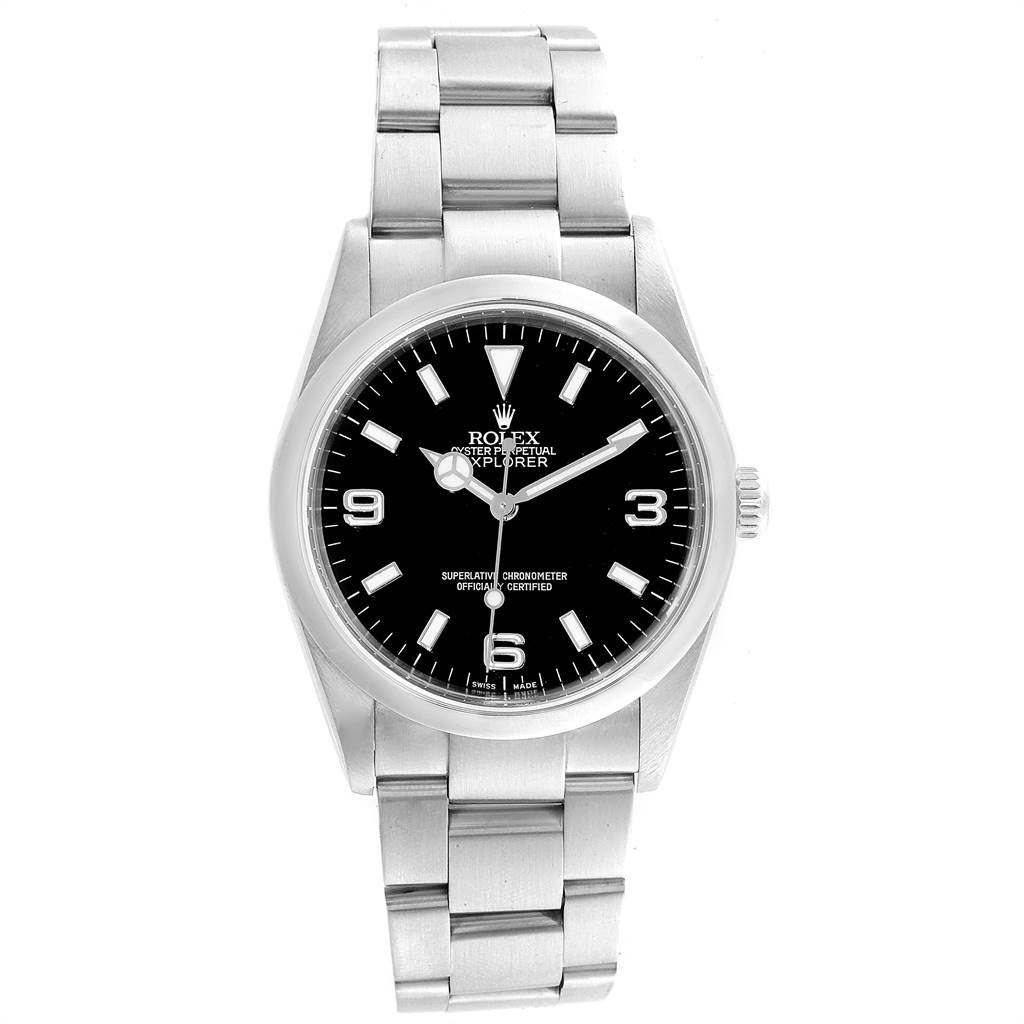 This image shows a front view of a Rolex Explorer 114270 Men's Stainless Steel Black Dial 114270 Men's Stainless Steel Black Dial watch, highlighting its black dial, silver hour markers, and stainless steel bracelet.