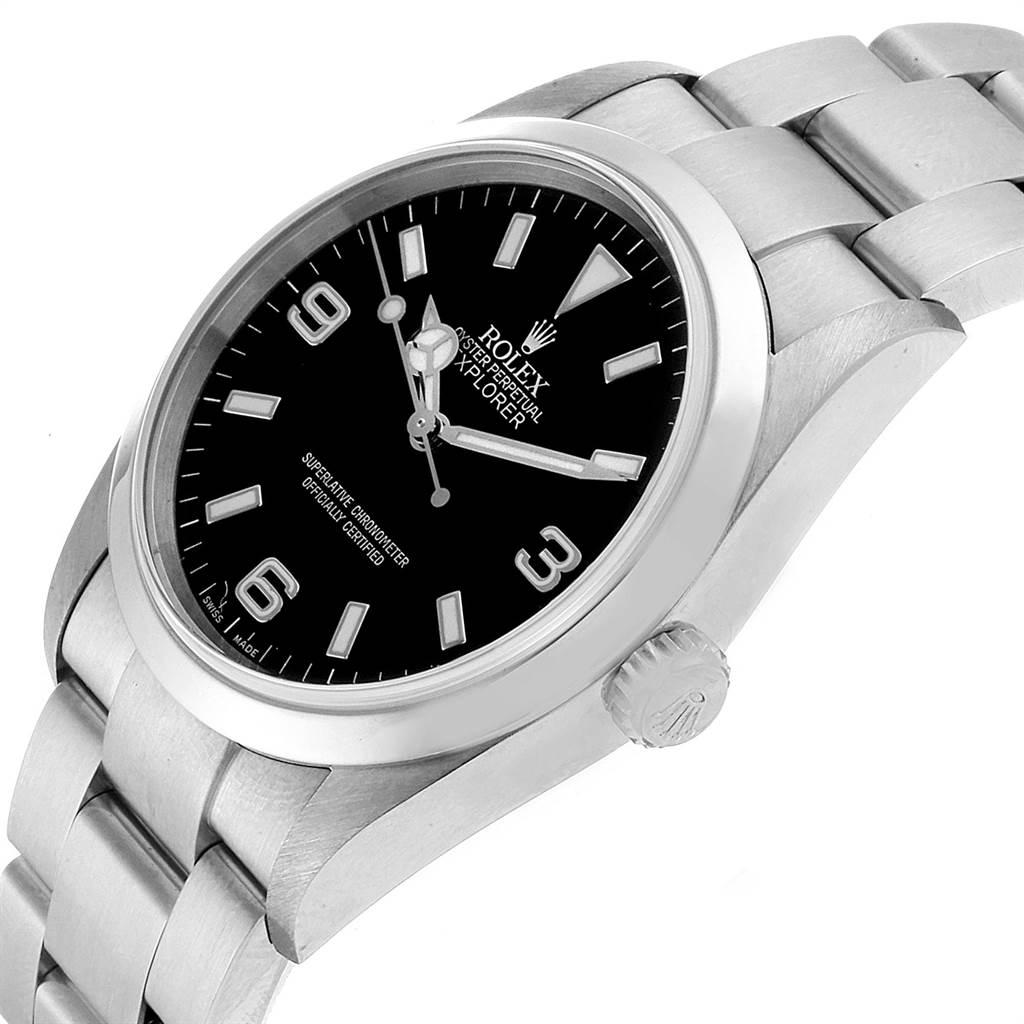 This image shows a side-angle view of the Rolex Explorer 114270 Men's Stainless Steel Black Dial 114270 Men's Stainless Steel Black Dial watch, highlighting the black dial, case, crown, and part of the bracelet.