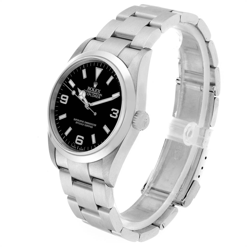 This Rolex Explorer 114270 Men's Stainless Steel Black Dial 114270 Men's Stainless Steel Black Dial model is shown from an angled side view, displaying the dial, bracelet, and crown.