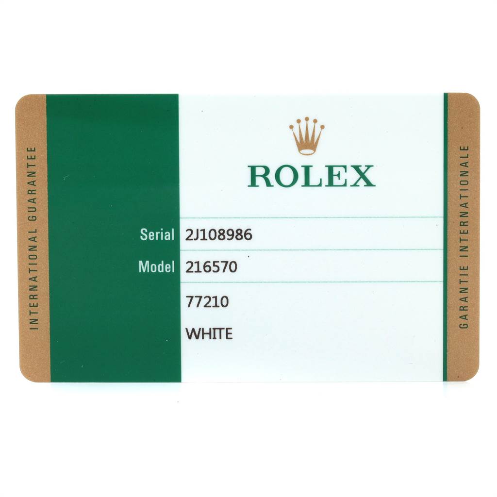 This image shows the international guarantee card for a Rolex Explorer 216570 Men's Stainless Steel White Dial 216570 Men's Stainless Steel White Dial model 216570.