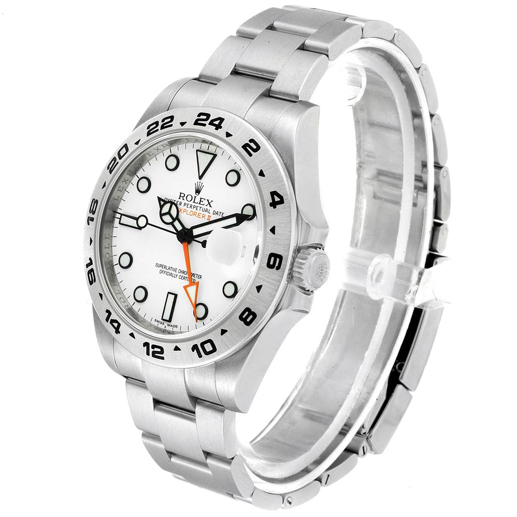 The Rolex Explorer 216570 Men's Stainless Steel White Dial 216570 Men's Stainless Steel White Dial watch is shown at a slight angle highlighting the white dial, bezel, crown, and stainless steel bracelet.