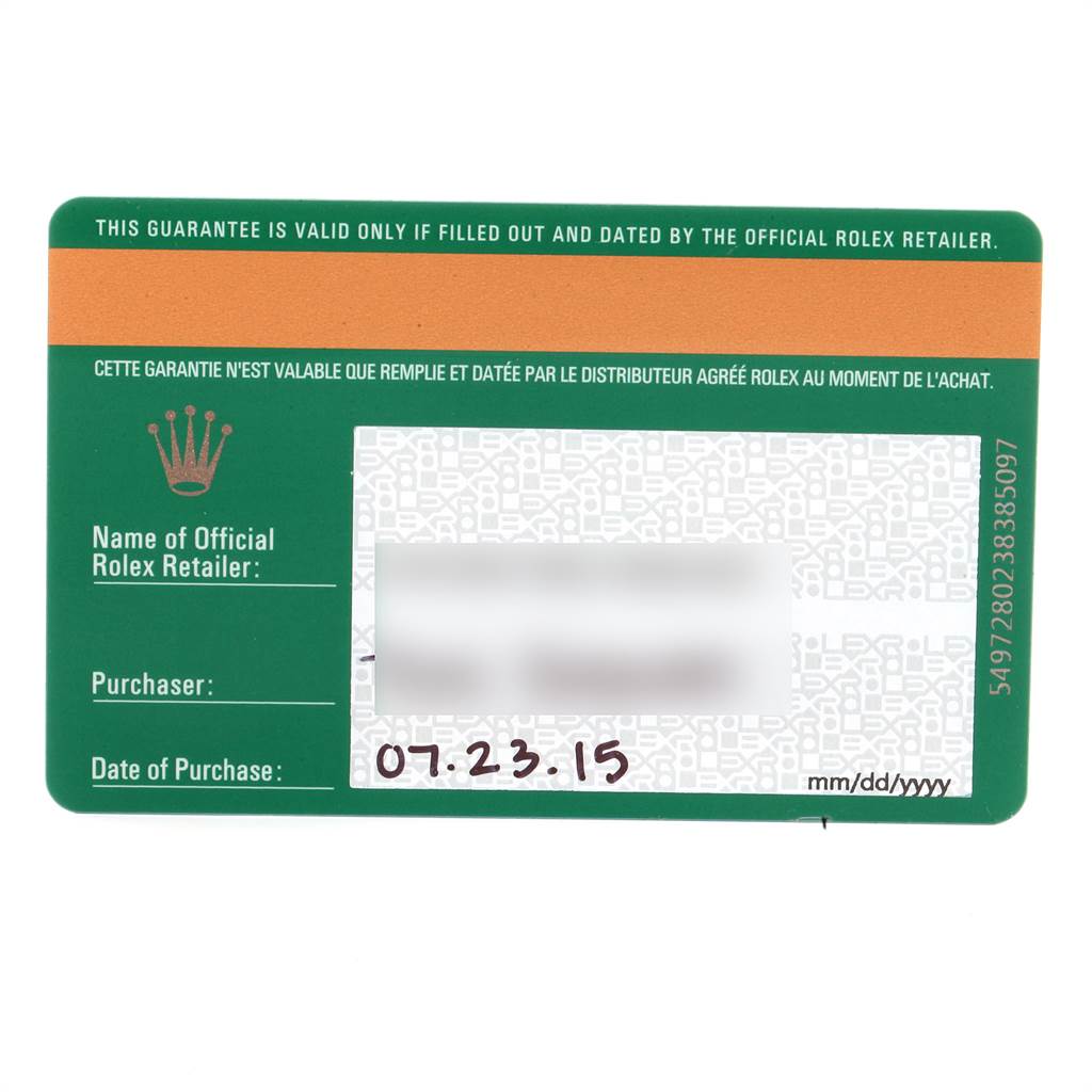 The image shows the warranty card of a Rolex Explorer 216570 Men's Stainless Steel White Dial 216570 Men's Stainless Steel White Dial watch, with details like the retailer's name, purchaser, and date of purchase.