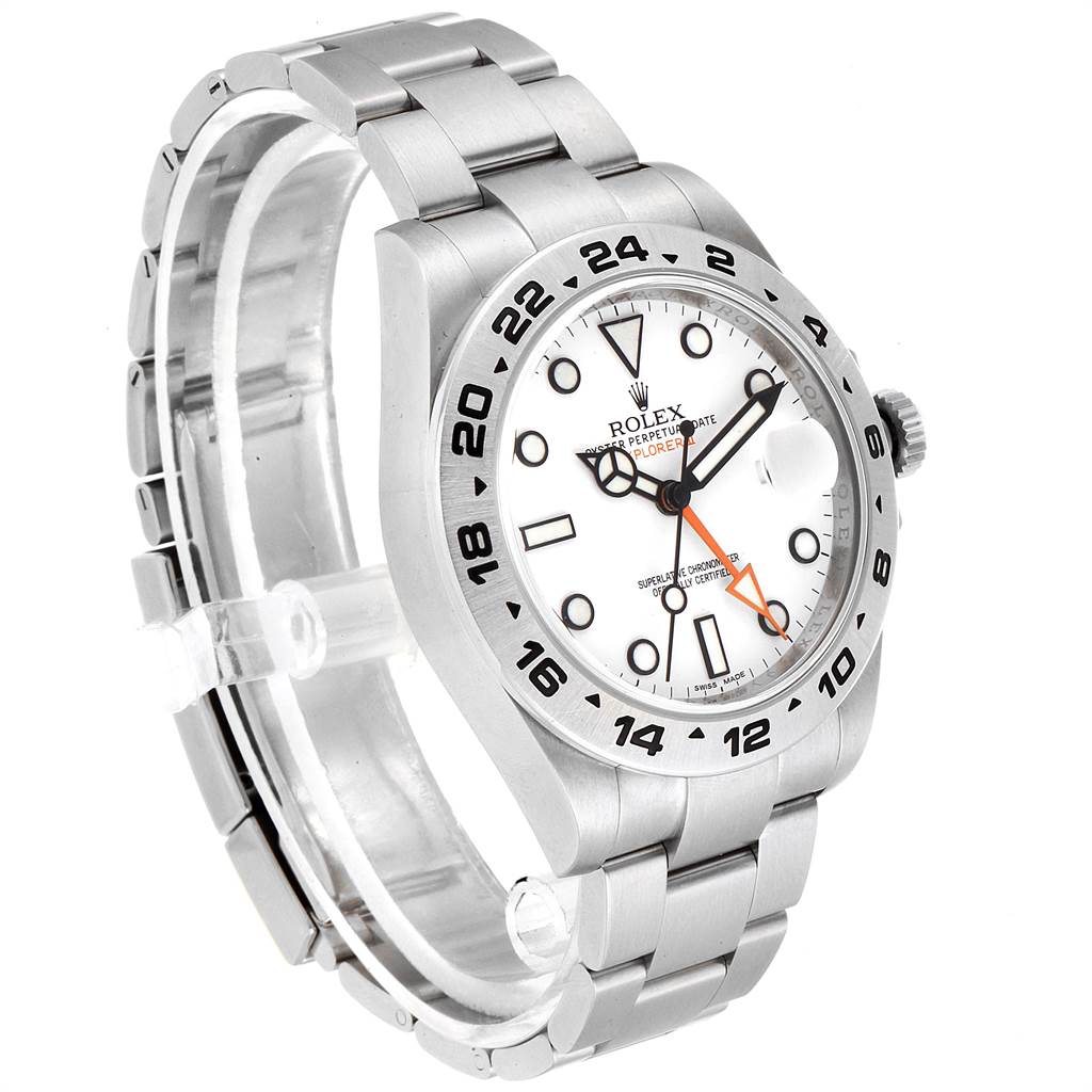 The image shows a side angle of a Rolex Explorer 216570 Men's Stainless Steel White Dial 216570 Men's Stainless Steel White Dial watch, displaying the bracelet, bezel, dial, and crown.