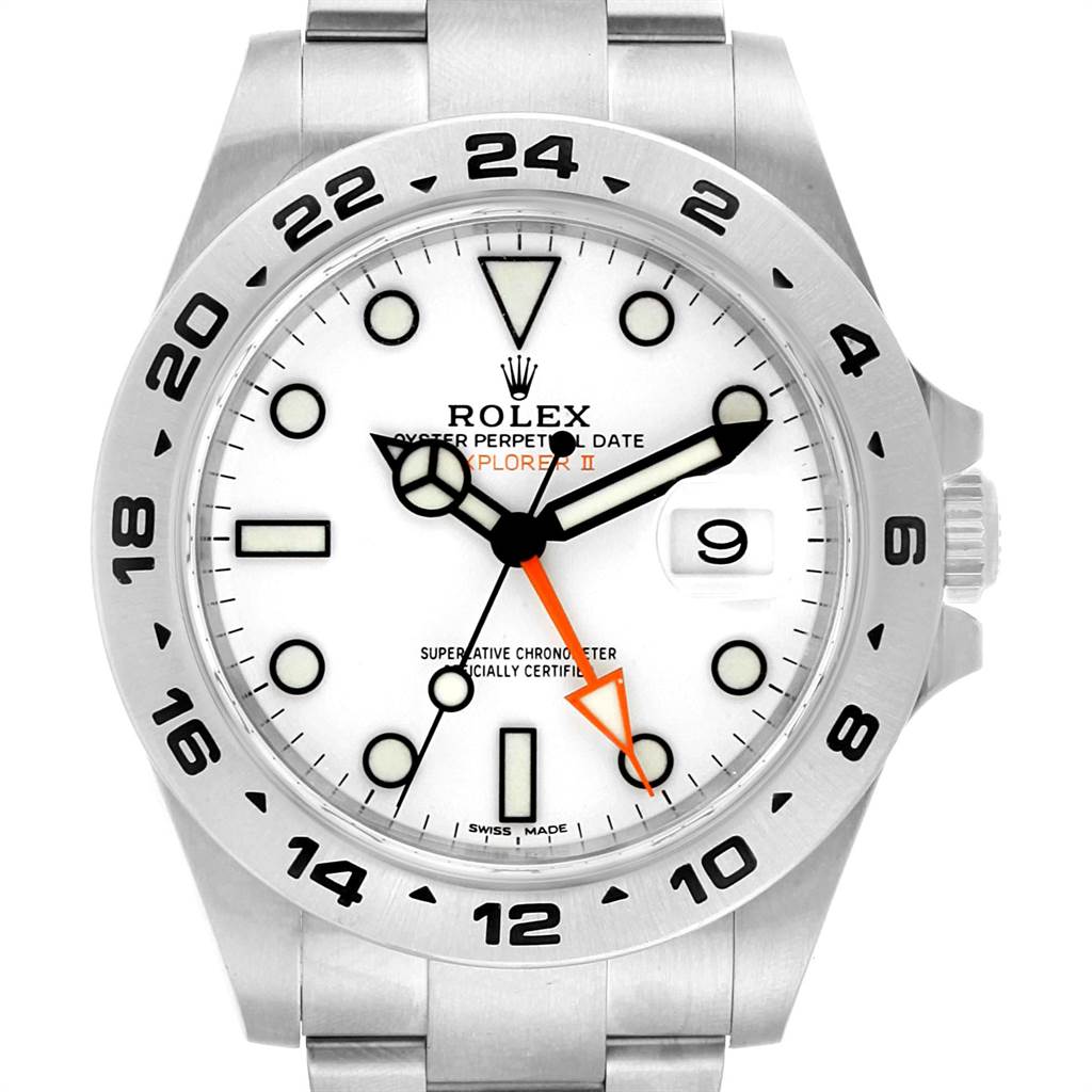 The image shows a front view of the Rolex Explorer 216570 Men's Stainless Steel White Dial 216570 Men's Stainless Steel White Dial watch, highlighting the dial, bezel, hands, date window, and part of the bracelet.