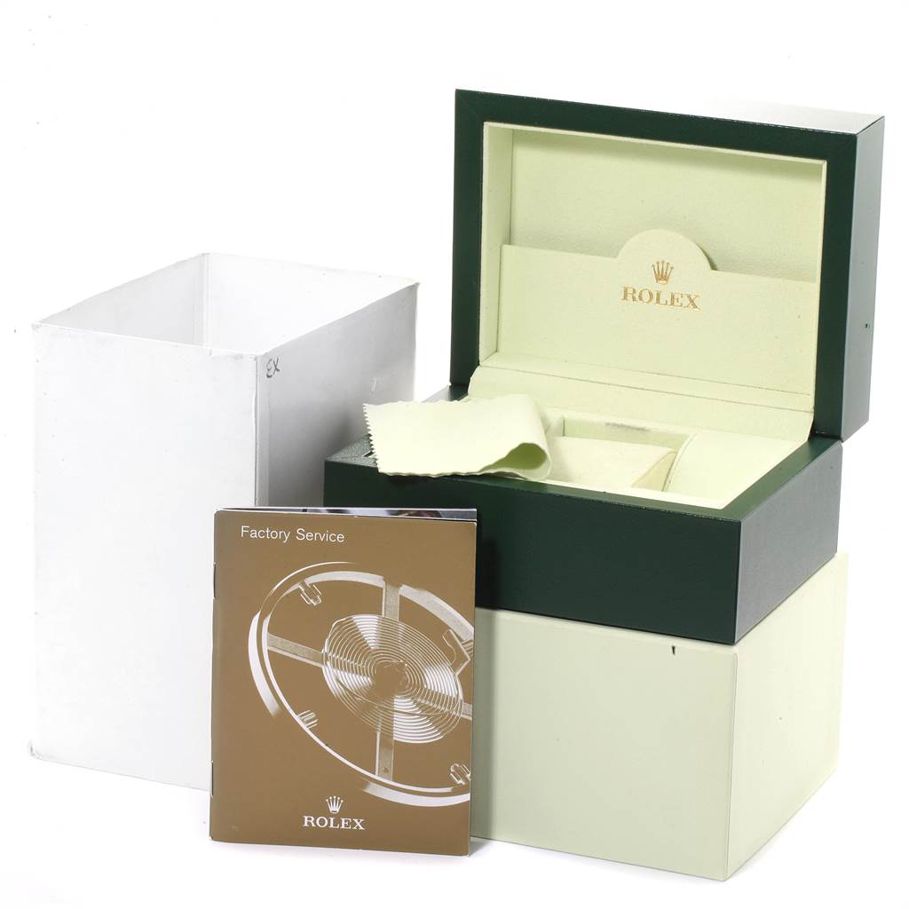 This image shows the Rolex Explorer 16570 Men's Stainless Steel White Dial 16570 Men's Stainless Steel White Dial model watch packaging, including the box, cushion, cleaning cloth, and factory service booklet.