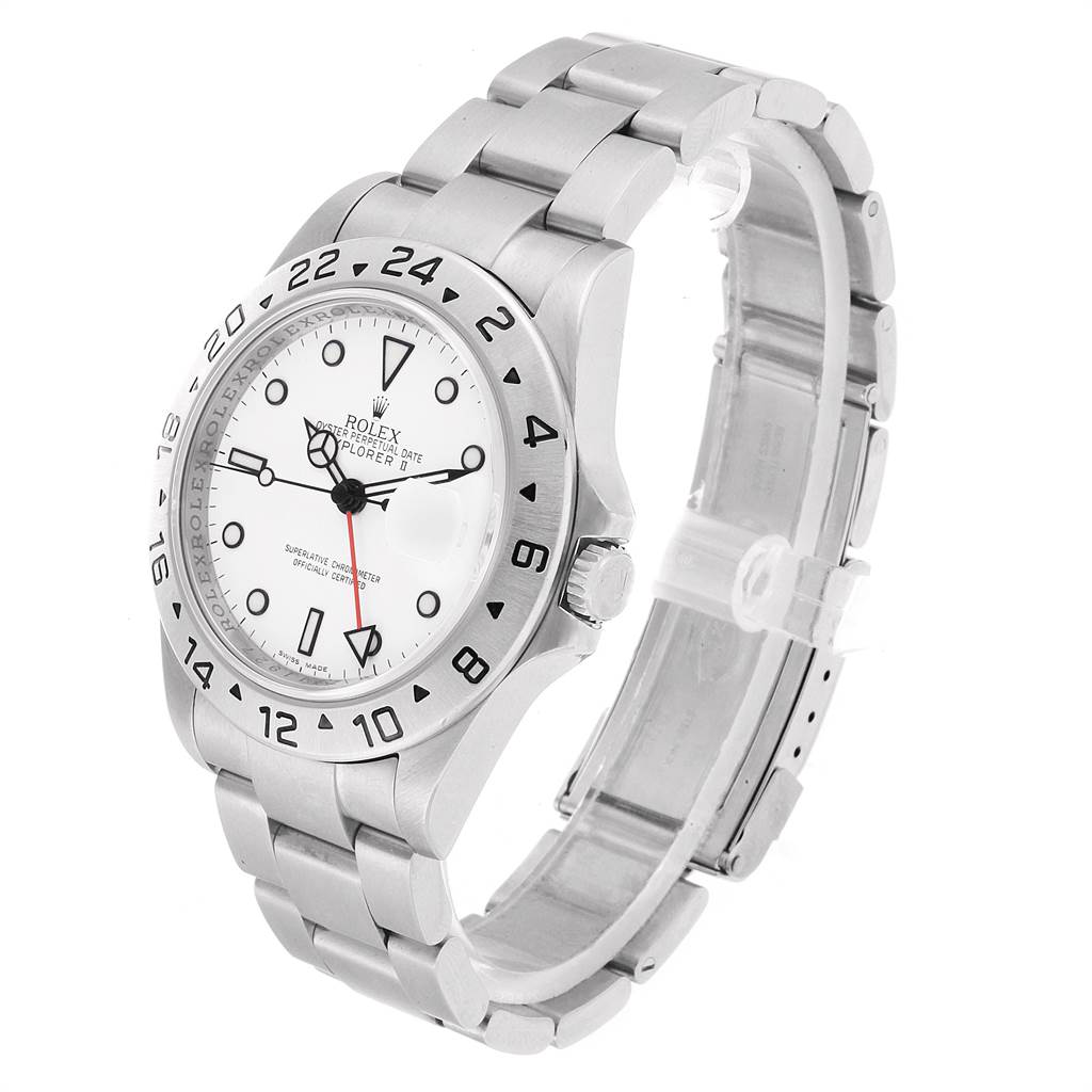 Side angle view of the Rolex Explorer 16570 Men's Stainless Steel White Dial 16570 Men's Stainless Steel White Dial watch showing the dial, bezel, and stainless steel bracelet.