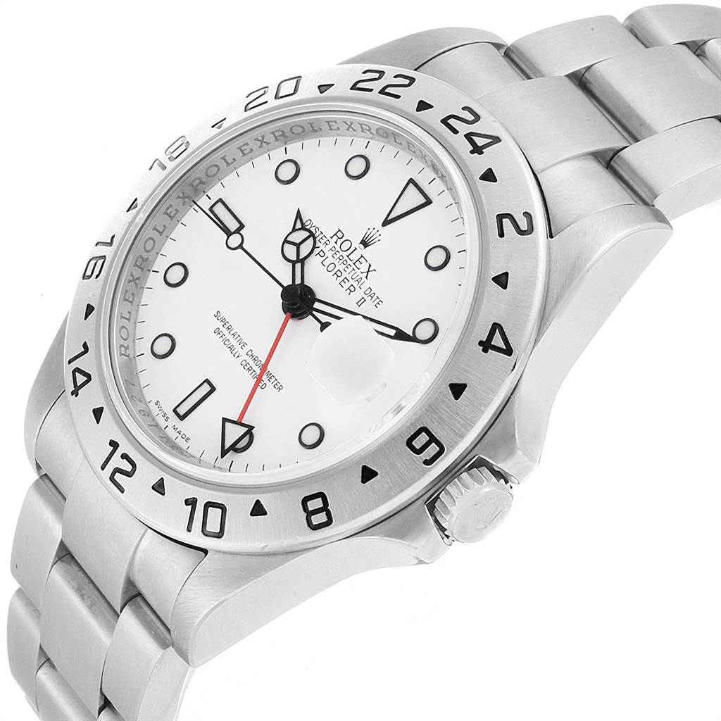 This image shows a side angle of the Rolex Explorer 16570 Men's Stainless Steel White Dial 16570 Men's Stainless Steel White Dial watch, highlighting the dial, bezel, crown, and part of the bracelet.