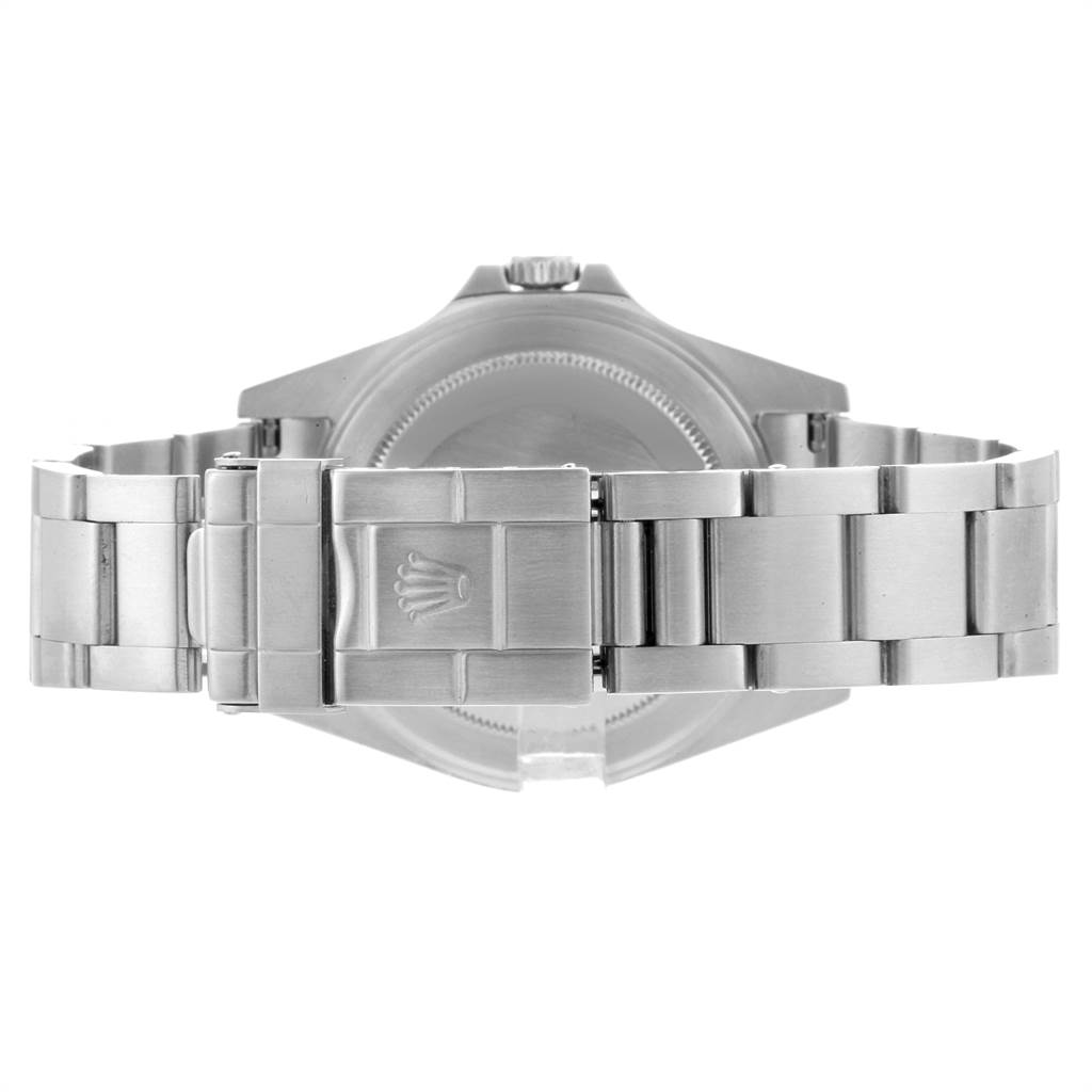 This image shows the back view of a Rolex Explorer 16570 Men's Stainless Steel White Dial 16570 Men's Stainless Steel White Dial watch, highlighting its clasp and bracelet.