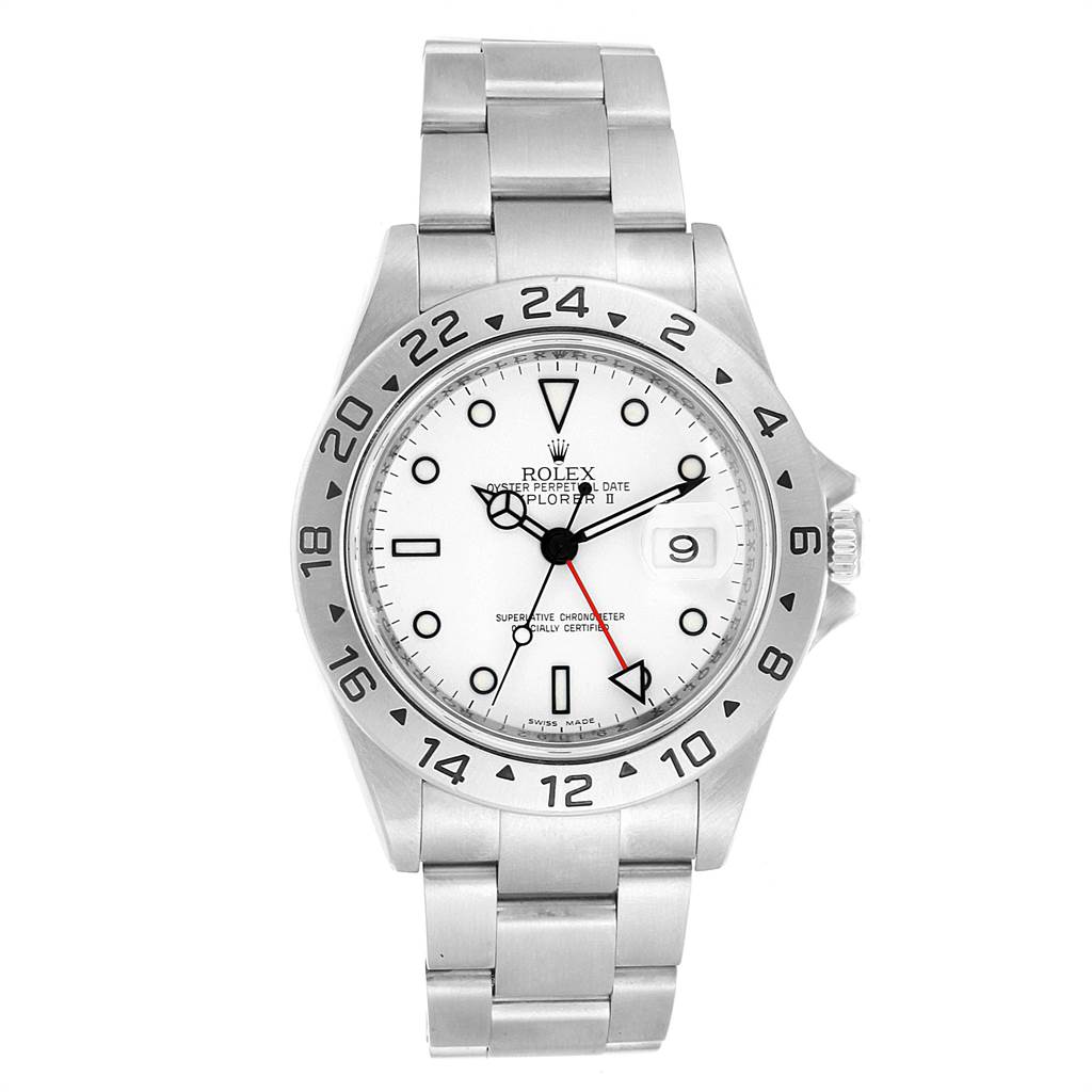 The image shows a front view of the Rolex Explorer 16570 Men's Stainless Steel White Dial 16570 Men's Stainless Steel White Dial watch, displaying its face, bezel, hands, date window, and bracelet.