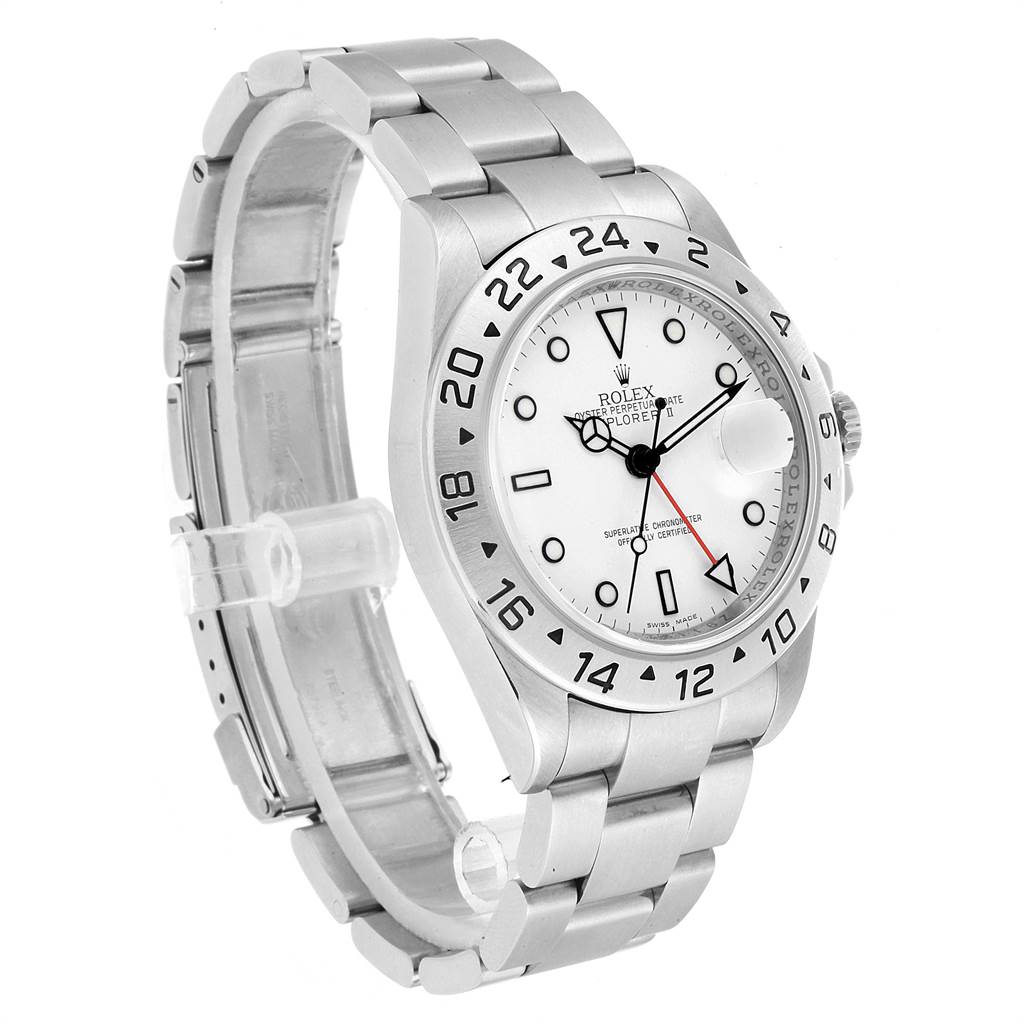 This image shows a Rolex Explorer 16570 Men's Stainless Steel White Dial 16570 Men's Stainless Steel White Dial model watch at a three-quarter angle, highlighting the bracelet, bezel, and dial.