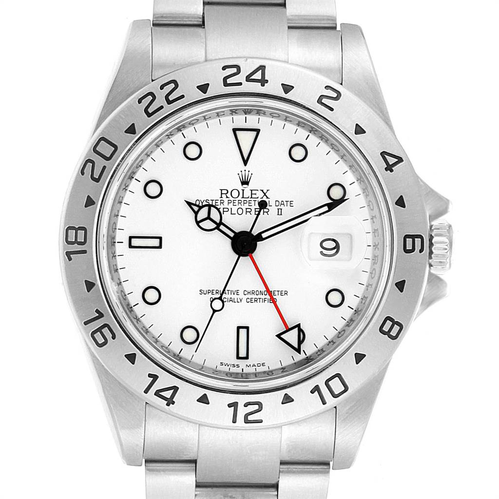 The Rolex Explorer 16570 Men's Stainless Steel White Dial 16570 Men's Stainless Steel White Dial watch is shown from a front angle, displaying its white dial, bezel, and bracelet.