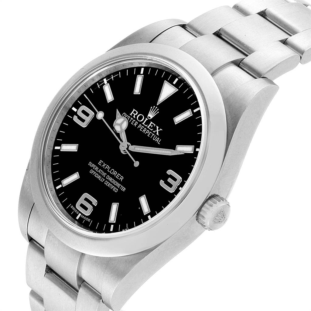 The image shows a Rolex Explorer 214270 Men's Stainless Steel Black Dial 214270 Men's Stainless Steel Black Dial watch from a front-left angle, highlighting its black dial, bezel, bracelet, and crown.