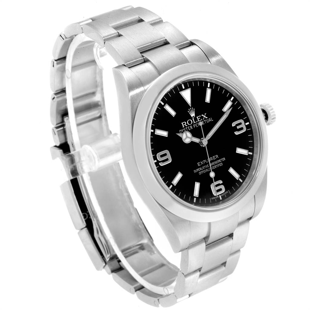 This Rolex Explorer 214270 Men's Stainless Steel Black Dial 214270 Men's Stainless Steel Black Dial is shown at an angle displaying the stainless steel bracelet, bezel, crown, and black dial.