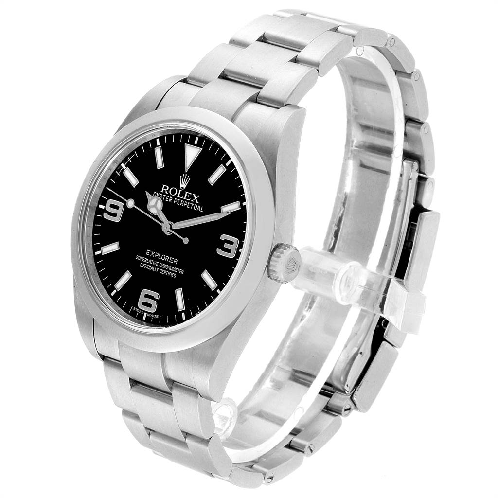 The Rolex Explorer 214270 Men's Stainless Steel Black Dial 214270 Men's Stainless Steel Black Dial watch is shown at a slight angle, highlighting the face, bezel, crown, and bracelet.