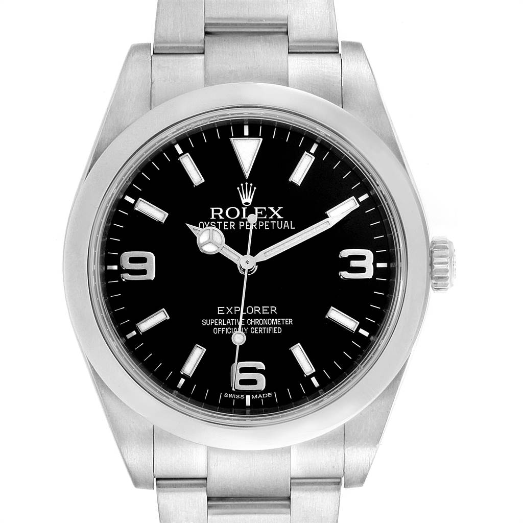 The Rolex Explorer 214270 Men's Stainless Steel Black Dial 214270 Men's Stainless Steel Black Dial watch is shown from a front angle, displaying the face, bezel, crown, and a section of the bracelet.