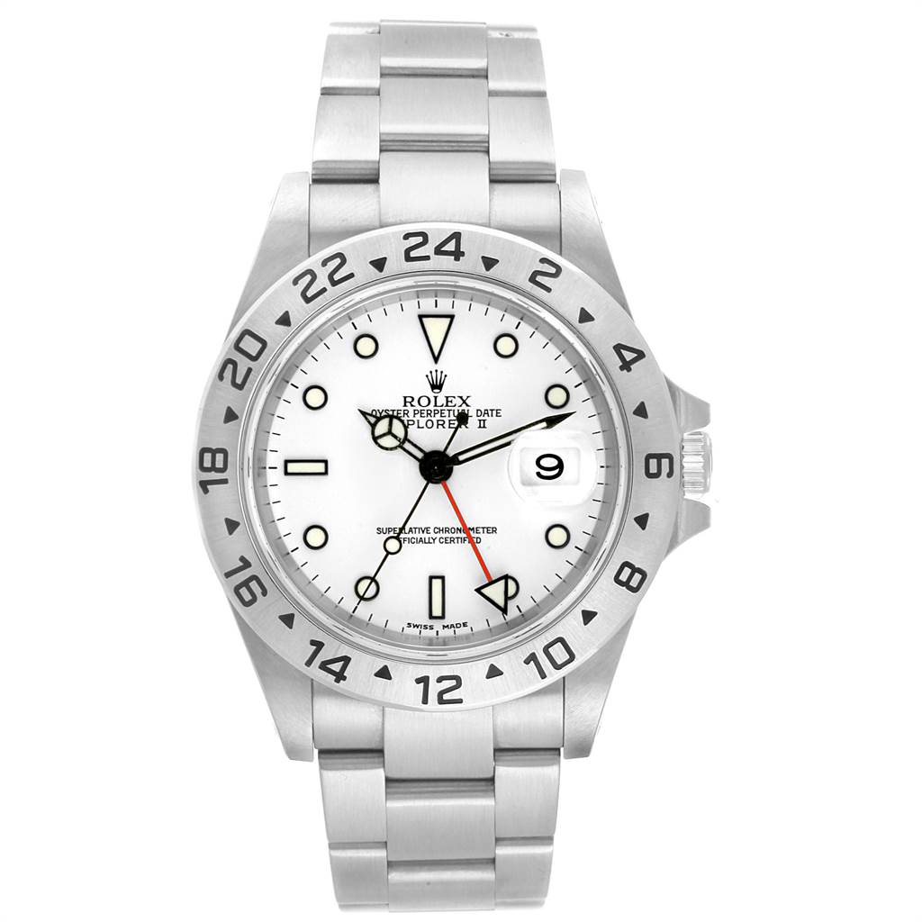 The image shows a front view of a Rolex Explorer 16570 Men's Stainless Steel White Dial 16570 Men's Stainless Steel White Dial watch, displaying its face, bezel, bracelet, and crown.