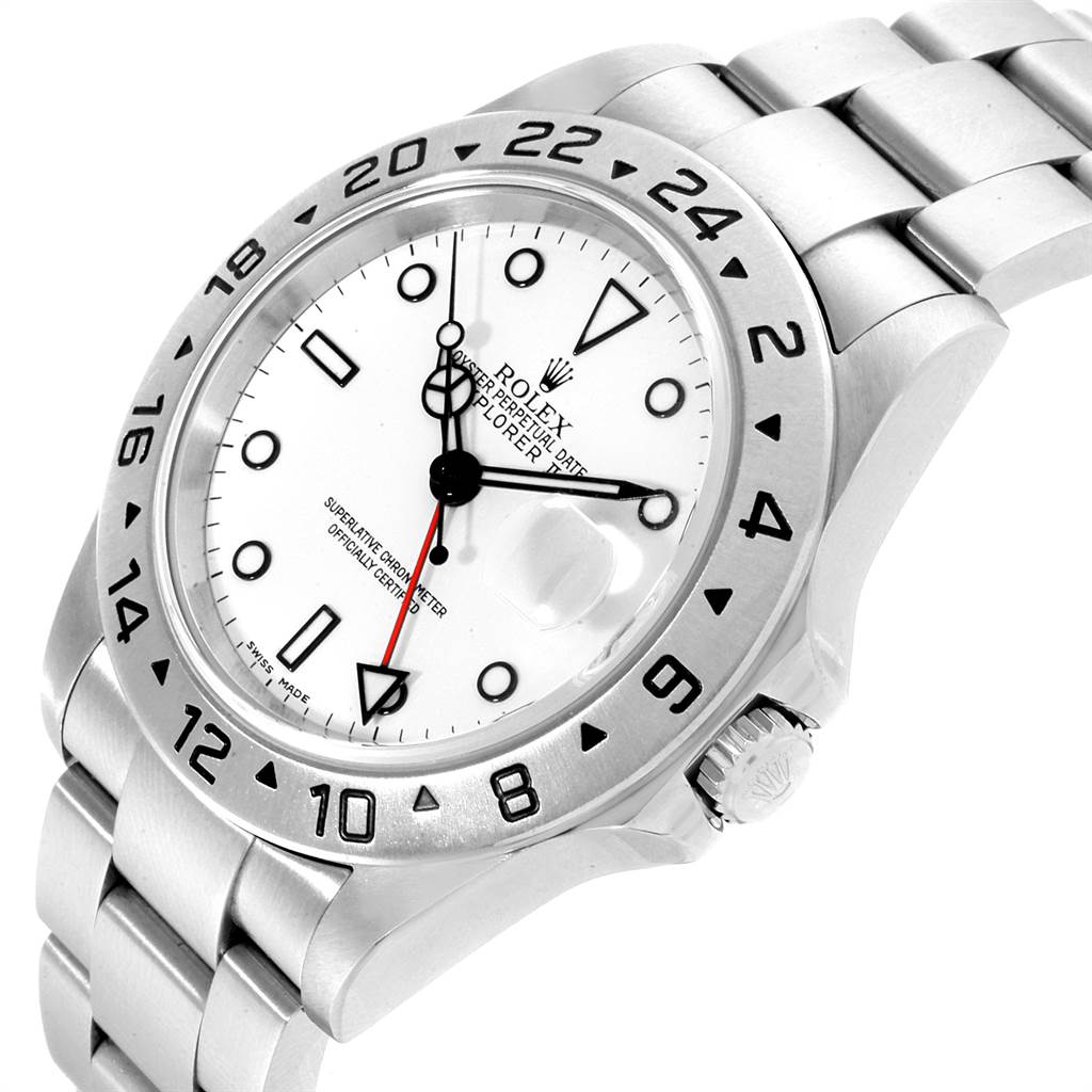 The Rolex Explorer 16570 Men's Stainless Steel White Dial 16570 Men's Stainless Steel White Dial watch is shown at an angle highlighting the face, bezel, crown, and part of the bracelet.