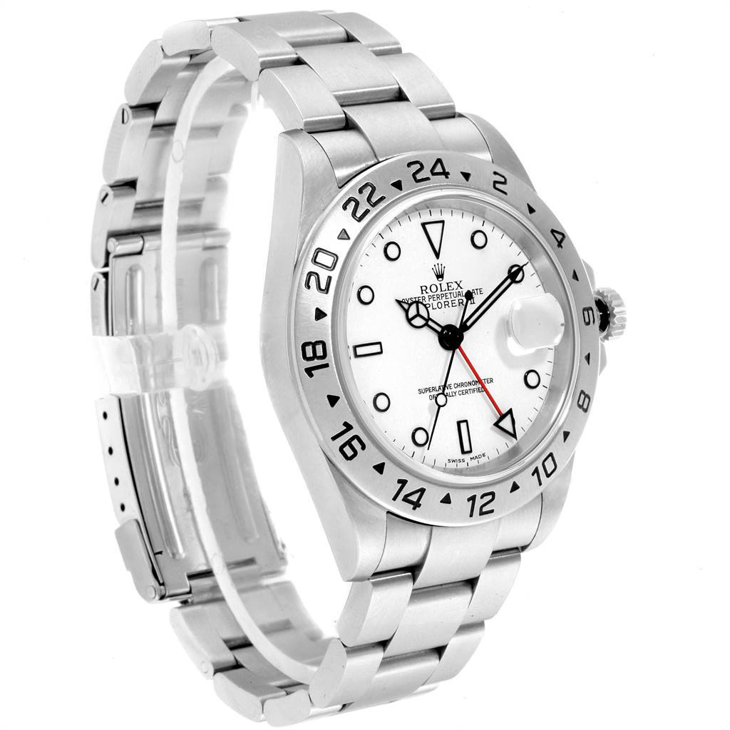 This image shows a Rolex Explorer 16570 Men's Stainless Steel White Dial 16570 Men's Stainless Steel White Dial watch at a three-quarter angle, highlighting the face, bezel, and part of the bracelet.