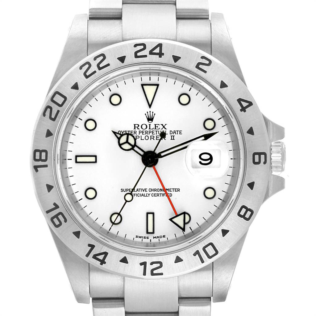The image shows a frontal view of a Rolex Explorer 16570 Men's Stainless Steel White Dial 16570 Men's Stainless Steel White Dial watch, highlighting its white dial, date window, and stainless steel bracelet.