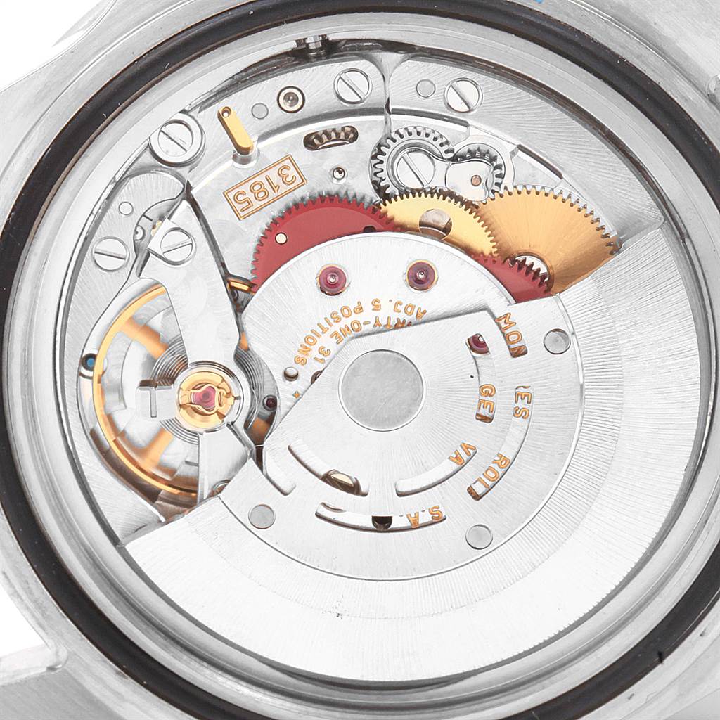 This image shows a close-up view of the movement mechanism inside a Rolex Explorer 16570 Men's Stainless Steel White Dial 16570 Men's Stainless Steel White Dial watch.
