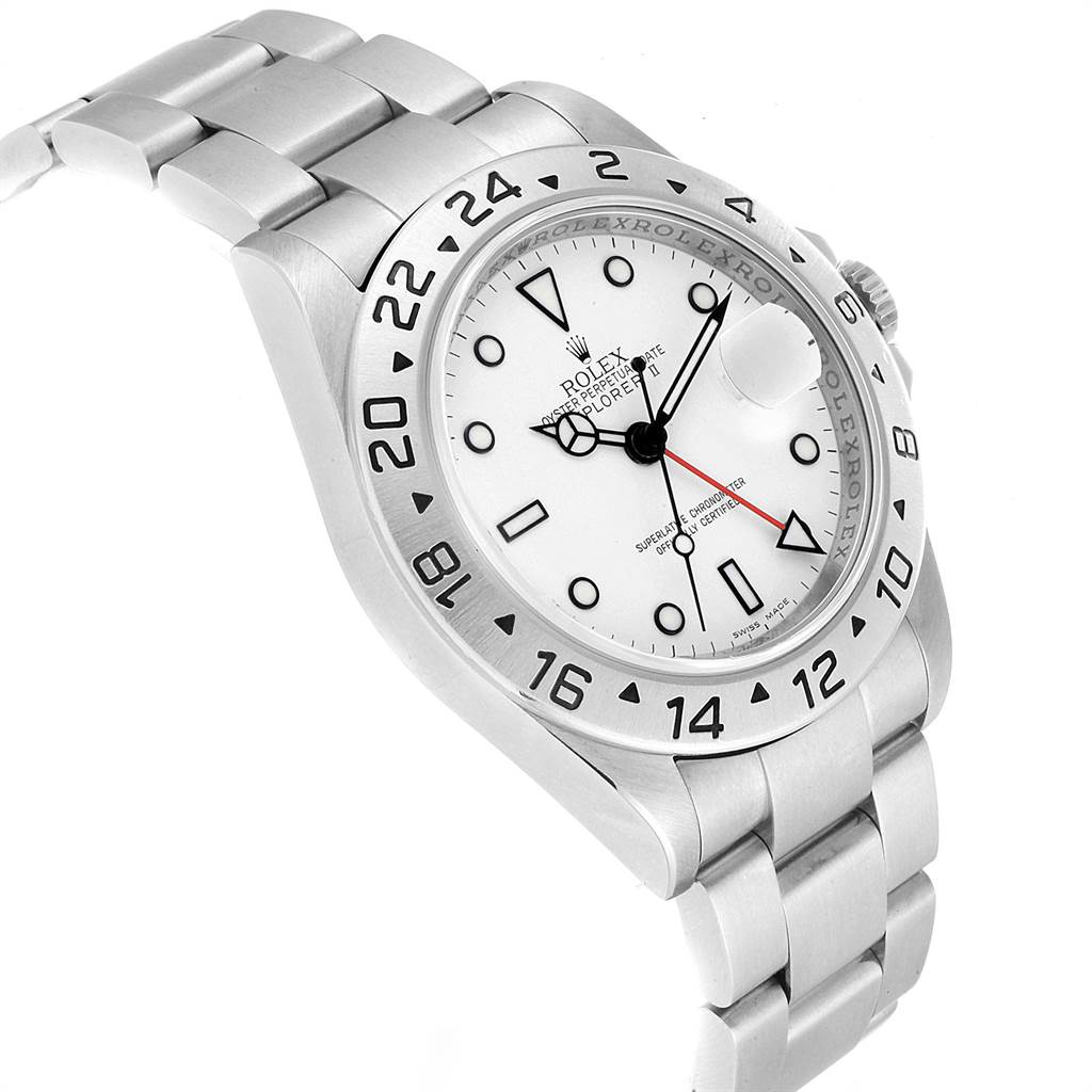 The image shows a side angle of a Rolex Explorer 16570 Men
s Stainless Steel White Dial 16570 Men
s Stainless Steel White Dial watch, highlighting its bezel, dial, and stainless steel bracelet.