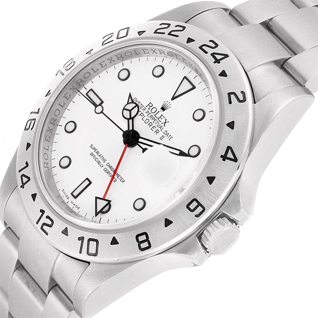 This image shows a close-up angled view of the Rolex Explorer 16570 Men
s Stainless Steel White Dial 16570 Men
s Stainless Steel White Dial model, highlighting the dial, bezel, and part of the bracelet.