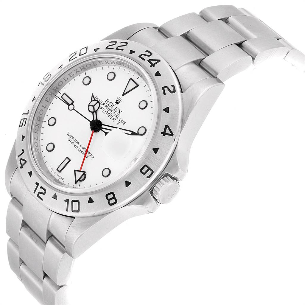 The image shows a side and front angle of the Rolex Explorer 16570 Men
s Stainless Steel White Dial 16570 Men
s Stainless Steel White Dial watch, highlighting the dial, bezel, and bracelet.